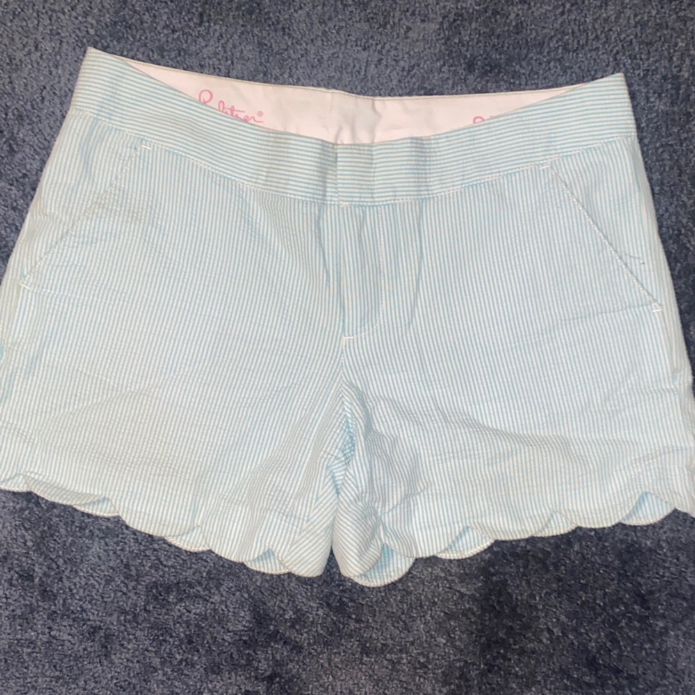 Lily Pulitzer Buttercup Shorts in Striped Blue with Scalloped Edge